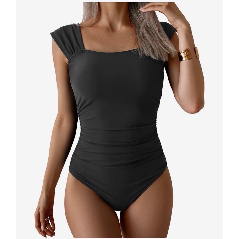 B2prity Womens One Piece Swimsuit Retro Square Neck Tummy Control black large